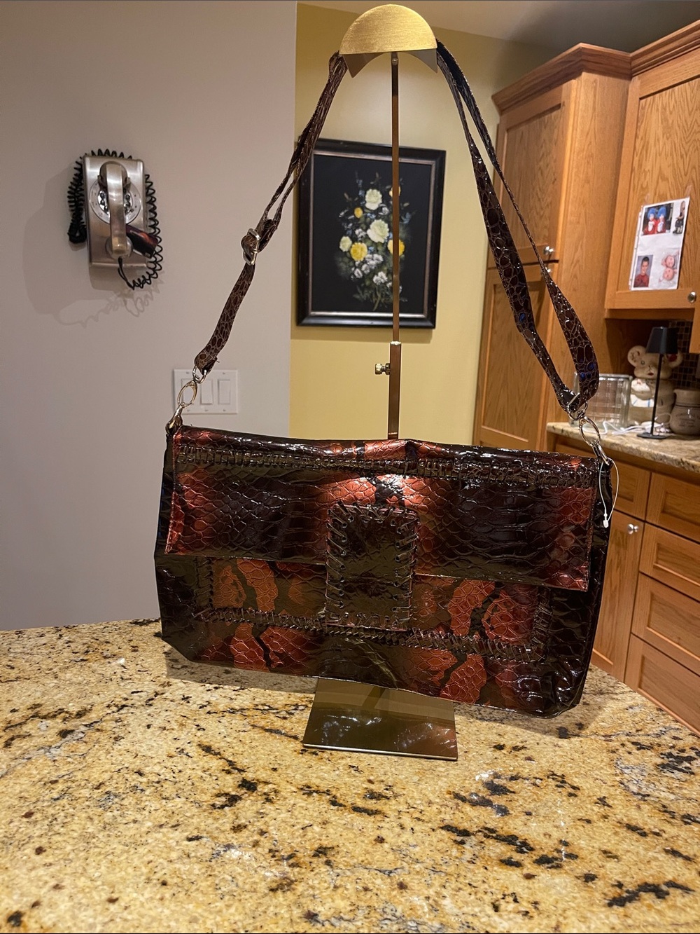 Women's Red Brown Faux-Snakeskin Shoulder Bag